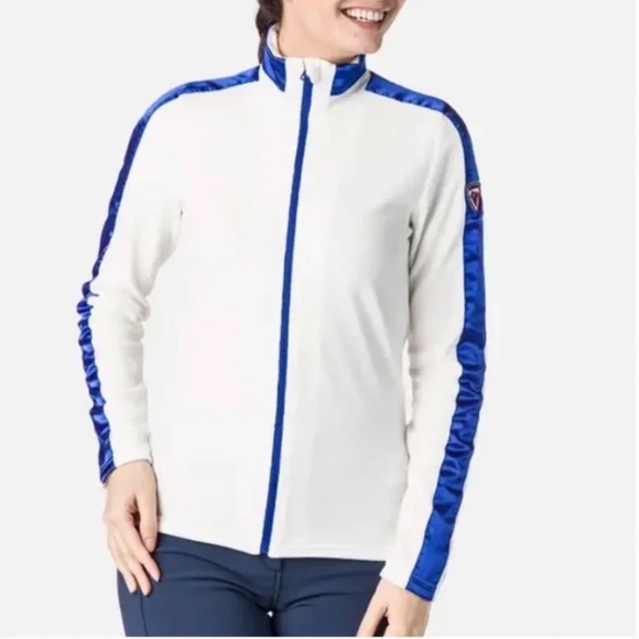 Rossignol White Velour & Blue Satin Stripe Zip Up Track Jacket Sweatshirt Medium - Picture 3 of 13